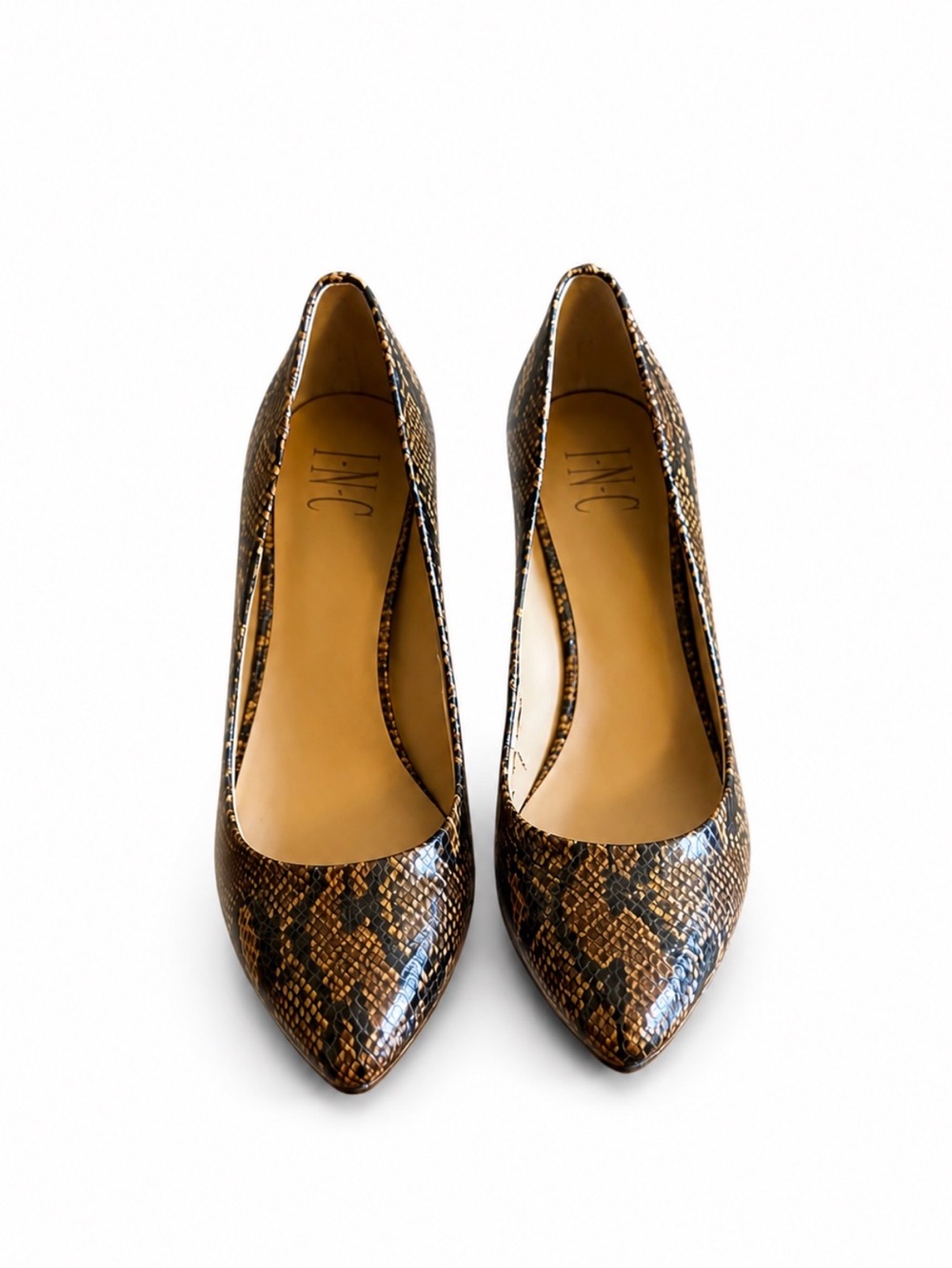 INC International Concepts Brown Snake-Print Pointed Toe Pumps